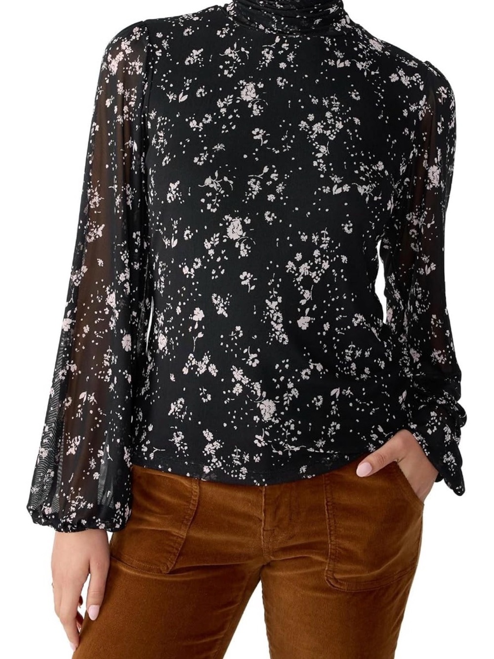 Sanctuary Black Floral Mesh Mock Neck Top Size Small Sheer Long Sleeve Blous